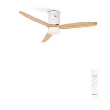 CREATE / WINDCALM/Ventilateur de plafond avec lumière et télécommande, blanc pales bois clair / 40W, Silencieux, Ø132 cm, 6 vitesses, minuterie, été-hiver, double hauteur, moteur DC