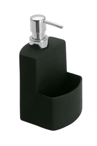 WENKO Distributeur de Liquide Vaisselle Festival, Distributeur de Savon, céramique Haut de Gamme avec Surface Douce au Toucher, avec Compartiment pour éponge, contenance 380 ML, 10 x 18 x 10 cm, Noir