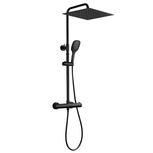 JOHO Inoxy 304 Colonne de Douche Noir avec 38 ° C Mitigeur Thermostatique Colonne Douche Inox Mural Réglable Douchette Salle de Bain Ensemble Douche Baignoire Pommeau Douche 30x30cm