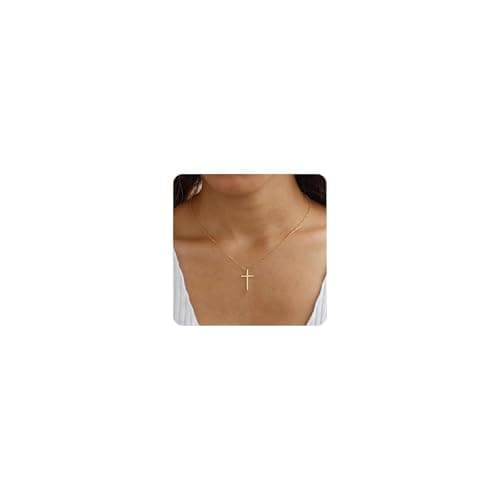 Mezrkuwr Collier en acier inoxydable plaqué or 18 carats avec pendentif en forme de croix - Chaîne de 47 cm - Avec boîte cadeau, L, Or Edelstahl Doré