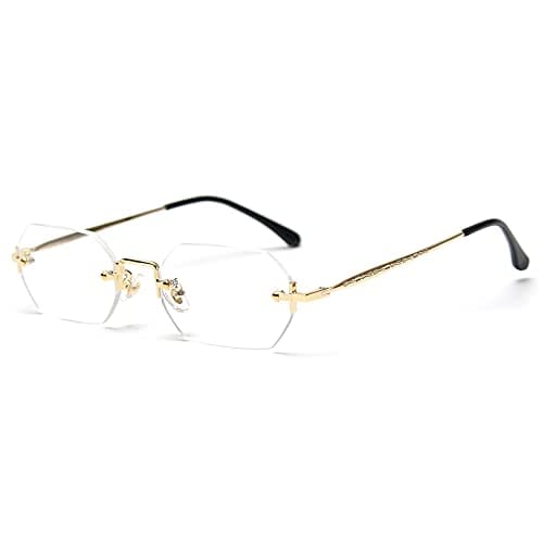 Ligoes - Lunettes de soleil rectangulaires pour hommes et femmes -Sans cadre - Forme octogonale - En métal doré - Polygone bleu marron - UV400, Doré avec transparent