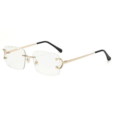 kachawoo Lunettes de soleil rectangulaires sans monture Lunettes de soleil sans monture avec bords gravés Marron Bleu Gris Parasols Unisexe, Doré avec transparent, m