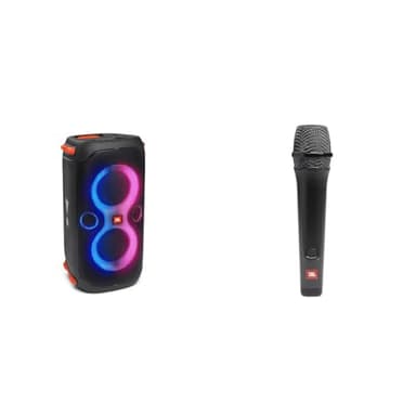 JBL PartyBox 110, Haut-Parleur Portable Bluetooth, lumières intégrées, étanche, IPX4 résiste aux éclaboussures & PBM100 – Microphone Dynamique avec Fil – Accessoire – Noir