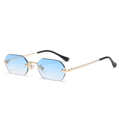QVKUUT Lunettes de soleil rectangulaires sans cadre - Mode rétro - Lunettes rectangulaires pour homme et femme, doré/bleu clair
