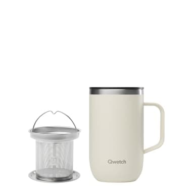 QWETCH - Mug Isotherme Inox Recyclé avec Anse & Filtre Infuseur Sable - Tisanière Isotherme 470ml - Thermos Café & Thé - 6h Chaud & 12h Froid - Bouchon Coulissant Anti-Éclaboussures