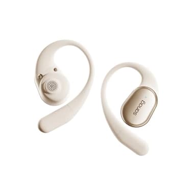 SANAG Open Fit pour casque Bluetooth sans fil ouvert avec microphone, écouteurs avec crochets d'oreilles, résistants à la transpiration, charge rapide, 28 heures d'autonomie (noir) (beige)