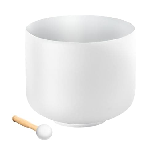 VEVOR Bol chantant en cristal de quartz givré, bol chantant chakra du cœur note F de 20,3 cm, avec maillet en caoutchouc et joint torique, pour méditation, yoga, bains sonores, guérison sonore, blanc