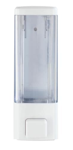 WENKO Distributeur de désinfectant et de Savon Istres Blanc, Distributeur Mural hygiénique pour désinfectant, Savon Liquide etc., Fixer sans percer, capacité : 320 ML, 6x18,5x7,5cm, matière Plastique