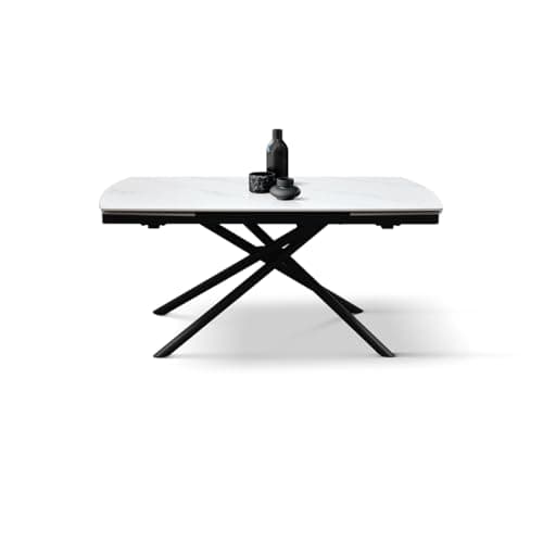 PAZZO DESIGN Table extensible Geremia, plateau en céramique blanc statuaire, pieds en métal tubulaires noirs, table cuisine, table salon, table en céramique, 140 x 90 x H 75 cm - id_2209