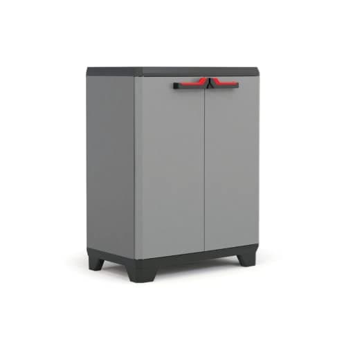 Keter Armoire Basse STILO - Armoire de Rangement Verrouillable - Étagère et Pieds Ajustables, Poignée Soft Touch - Cuisine, Garage, Atelier, Placard - 68 x 39 x 90 cm - Gris/Noir/Rouge