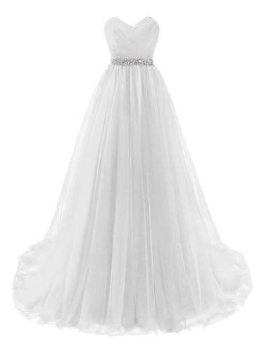 Misshow Robe Femme Longue Chic Soirée avec Ruches Epaule Nu Robe de Mariée Longue Mariage en Mousseline Blanc 38