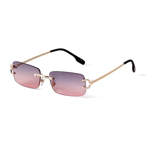 ADEWU Lunettes de soleil rétro vintage sans monture Protection UV Lunettes de soleil étroites rectangulaires pour homme et femme Unisexe, Dégradé doré/gris/rose