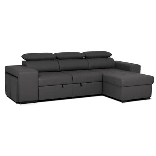 BUDWING John Canapé-Lit d’Angle 4 Places – Chaise Longue Réversible, Têtières Réglables et 2 Poufs – Revêtement en Polyuréthane – Style Moderne – 263x161x96 cm – Noir
