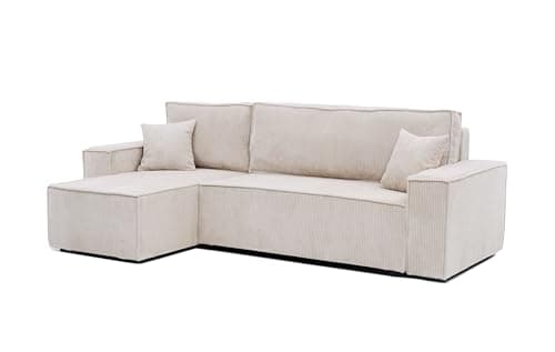 GREKPOL Canapé d'angle Convertible 244x145 Velours Côtelé à Gauche ou à Droite - Canapé avec Espace de Rangement - Sofa Beige