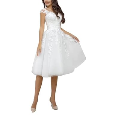SZSFNMMY Robe de mariée courte en tulle pour mariée avec appliques en dentelle sans manches longueur genou robe de mariée pour femmes, Ivoire 1, 40