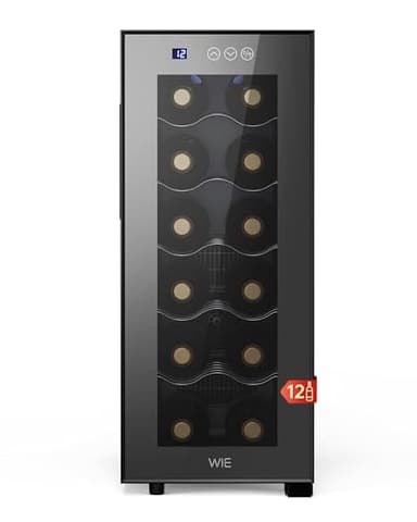 WIE Cave à Vin 12 Bouteilles, 12-18°C, 33L Réfrigérateur à Vin, Mini Cave à Vin de Comptoir à Une Zone, Ultra-silencieuse, Façade Miroir, Tactile Écran, LED Intérieur