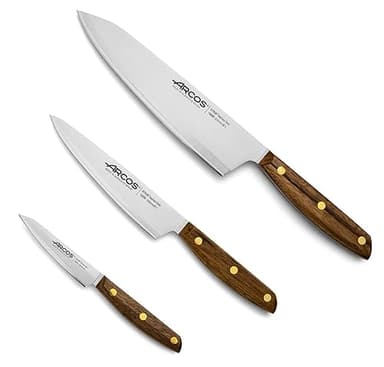 Arcos Ensemble de Couteaux 3 Pièces en Acier Nitrum – Coupe de Haute Précision, Poignée Ergonomique en Polyoxyméthylène POM – Marron, Série Nordika