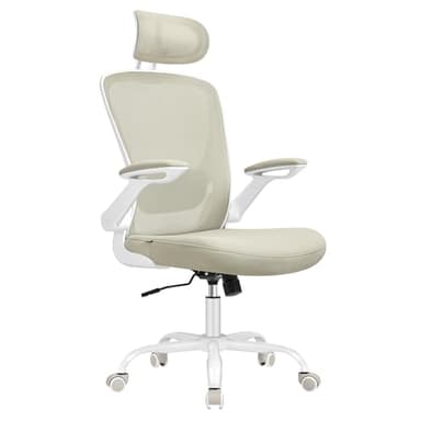 SONGMICS Chaise Bureau Ergonomique, Tissu en Maille, Support Lombaire, Appui-tête, Mécanisme à Bascule, Assise Large de 53 cm, Accoudoirs Rabattables, pour Bureau, Chambre, Beige Cappuccino OBN047K01