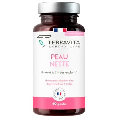 PEAU NETTE | Action Détox Anti Acné & Points Noirs | Zinc Bisglycinate 10mg + Bardane + Biotine + Propolis | Régule la Production de Sébum | Système Immunitaire | 60 Gélules Made in France | Terravita