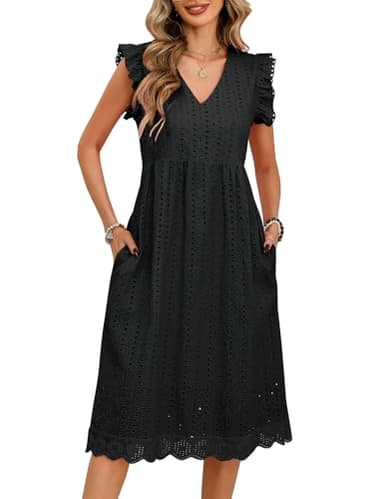 UMIPUBO Robe Ete Femme Midi Col V Robe Boheme avec Poches Manches à Volants Coton Robe De Plage Chic et Elegant Longueur Genou Décontracté Casual (Noir, XXL)
