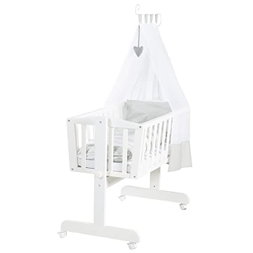 roba Berceau Complet "Heartbreaker" 40x90 cm - avec Fonction Basculante et Fixe - Équipement Textile Inclus - Bois Laqué Blanc - Motif Ours
