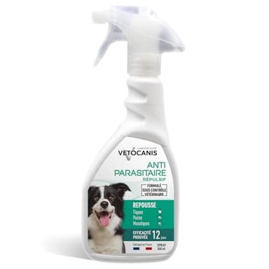 VETOCANIS, Spray Anti-puces et Anti-Tiques et Anti-Moustiques pour Chien, Spray Antiparasitaire 500ML, Répulsif Efficace 12 JOURS