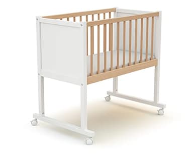 AT4 - Berceau en bois CONFORT Blanc et Hêtre Verni 40 x 80 cm| 86 x 58,5 x 80 cm | Matelas inclus 40x80x5cm | 4 roues multidirectionnelles | Facile à déplacer