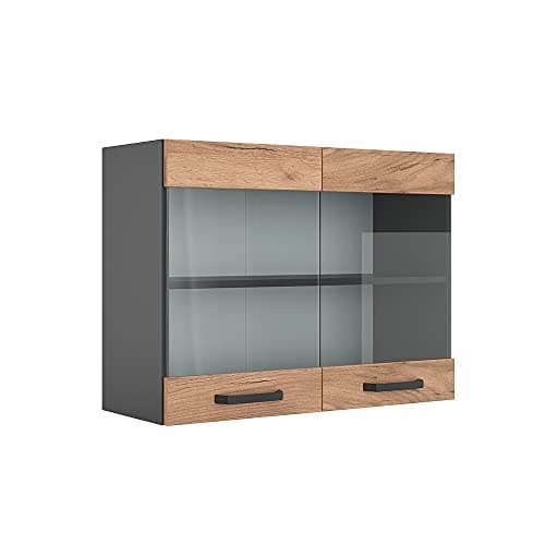 Vicco Meuble de Cuisine Haut vitré R-Line, Chêne de Force doré/Anthracite, 80 cm