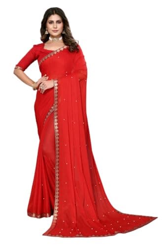 Generic Aashita Creations Sari en Lycra mélangé pour femme, Rouge, taille unique