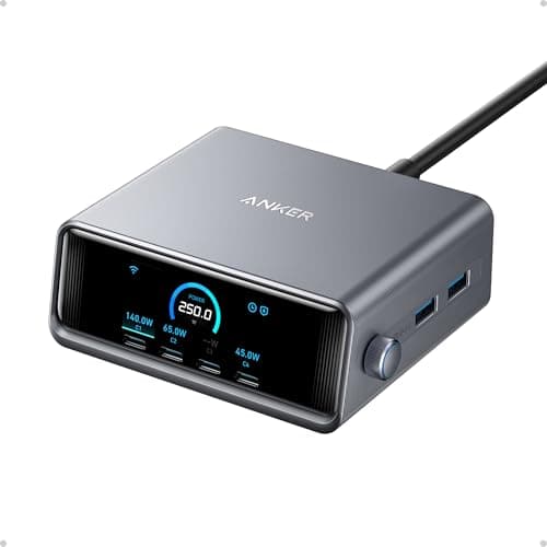 Anker Prime Chargeur USB C 250 W, station de recharge ultra-rapide 6 ports GaN, écran LCD 2,26", molette de contrôle intelligente, MacBook Pro/Air, iPhone 16/15/14, Pixel, Galaxy, Apple Watch, et plus