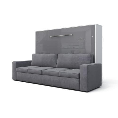 MAXIMAHOUSE Lit escamotable Horizontal Invento avec Le canapé LED 160H (160×200) (Blanc/Gris Brillant+Sofa Anthracite/Gris)