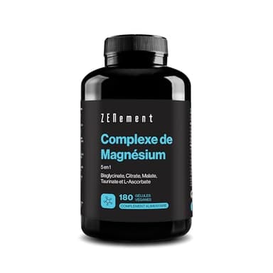 Complexe de Magnésium, 5 en 1 – Bisglycinate, Citrate, Malate, Taurate et L-Ascorbate – 360 mg de Magnésium par Dose – Haute Biodisponibilité – 180 Gélules Véganes – Zenement