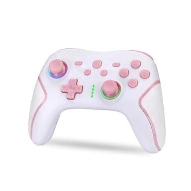 NK Manette Switch sans fil – Switch/OLED/Lite/Pro avec fonction Wake, réglages macro, Bluetooth, 6 axes, fonction turbo, double choc, double vibration, LED indicateurs – Blanc et rose