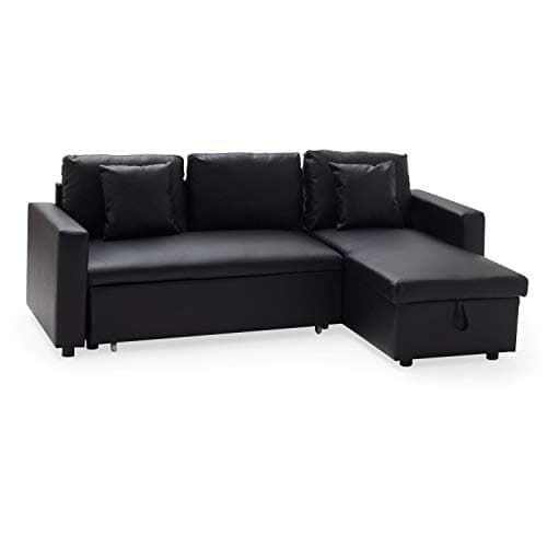 Happy Garden Canapé d'angle Convertible Clark 3 Places en Simili Noir. Canapé avec méridienne réversible et Coffre de Rangement.