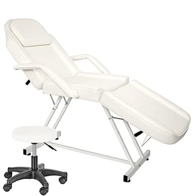 LEADZM Table de Massage Pliante Professionnelle avec Tabouret à roulettes Legere Aluminium Housse Table Massage Lit Cosmétique Massage 3 Sections Portable Ergonomique Blanc