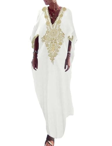 Bsubseach Broderie Or Robes Longues Kaftan Col V Robe Caftan Couverture De Plage Ups pour Femme Blanc
