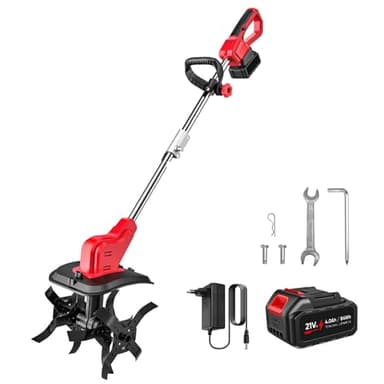 Motobineuse Electrique sans Fil 21V, Largeur de Travail 30 cm, Profondeur de Travail 22 cm, 4 Fraises, Poignée Rabattable, pour Retourner la Terre, Désherber (avec 4.0Ah Batterie)
