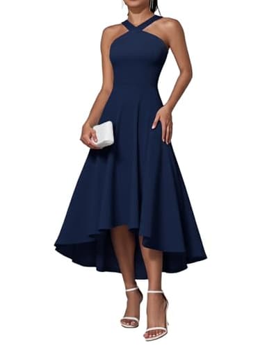 DRESSTELLS Robe de Cocktail Dames élégant été Vintage Rockabilly Licou Mariage Robes d’invité pour la Soirée Bal Graduation Navy L
