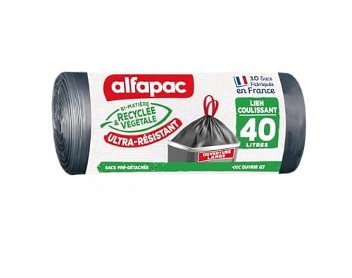 alfapac - 10 sacs-poubelle 40L à lien coulissant ultra-résistant - fabriqués en France - bi-matière recyclée & végétale