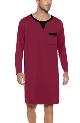 Chemise de Nuit Homme Coton Pyjama Manches Longues Hauts de Pyjama Homme Tee-Shirt Long Col Rond Vêtements d'Intérieur T-Shirt Grande Taille Douce Confortable Bordeaux-B XL