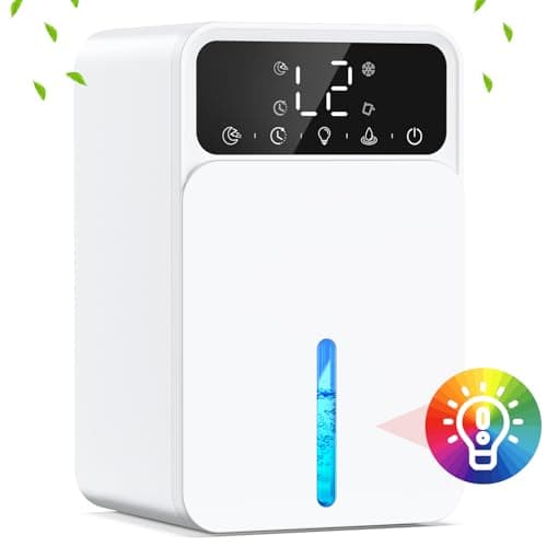 HONMICON Déshumidificateur d air Electrique 1500ML, avec 2 Niveaux et Mode Veille, Arrêt Automatique, Ultra Silencieux, Portable, Lumière LED 7 Couleurs, pour Salle de Bain/Chambre/Placard, Blanc
