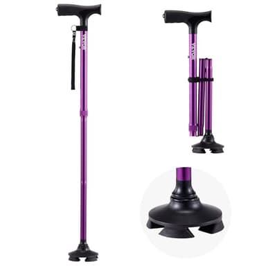 VEVOR Canne de Marche Pliable Hauteur Réglable 8 Niveaux avec Base Pivotante 4 Pieds, Aide à la Marche Légère Portable Aluminium, Charge 113 kg, pour Personnes Âgées, Adultes, Hommes, Femmes, Violet