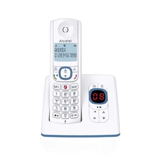 ALCATEL F530 Voice - Téléphone Fixe Sans Fil DECT Avec Répondeur - Grand Écran Rétroéclairé - Mains Libres - Fonction Blocage Des Appels - 2 Touches De Mémoires Directes - Blanc/Bleu