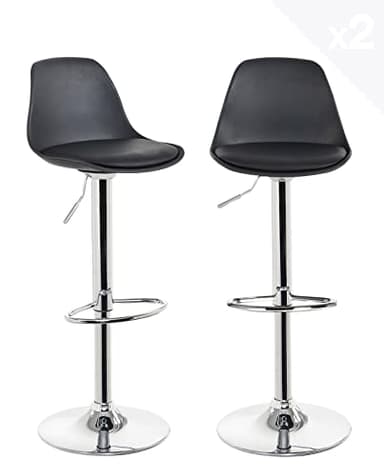 KAYELLES Lot de 2 tabourets de Bar Design Coussin Simili Cuir rembourré, Repose Pieds, réglable en Hauteur et pivotant 360° Pied Chrome SIG (Noir)