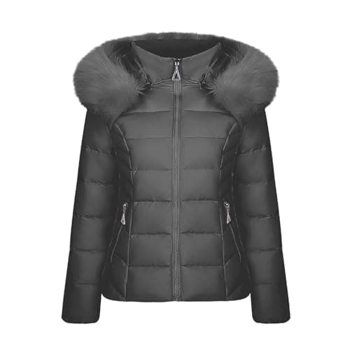 NSICBMNO Vestes d'hiver pour femmes - Doudoune courte avec capuche en fourrure - Veste matelassée à capuche - Manteau d'extérieur en duvet - Manteaux à bulles - Veste zippée - Vestes décontractées -