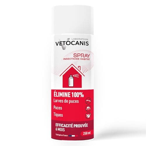 Vetocanis, Spray Insecticide Habitat, Efficacité Prouvée, Elimine 100% Puces, larves de Puces et Tiques, 250ml, Effet Immédiat, Dure jusqu'à 6 mois