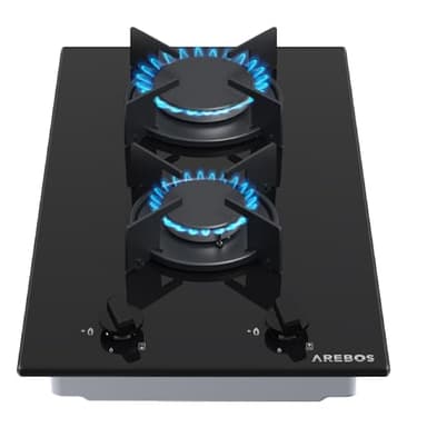 AREBOS Plaque de Cuisson Cuisinière à gaz de 2 Flammes Vitrocéramique Grilles et veilleuse de sécurité incluses Convient pour Le gaz Naturel et Le gaz Propane