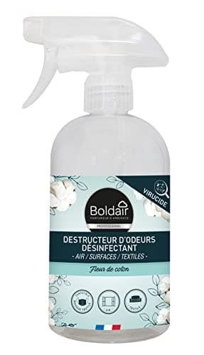 BOLDAIR - Destructeur d'odeurs désinfectant - Parfume pendant des heures - Désinfecte air, surfaces et textiles - Fleur de coton - Sans colorant - Désodorise en 5secs - 500ml - Fabrication Française