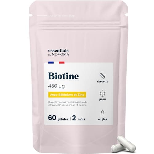 Biotine avec Sélénium et Zinc, Accélère la Pousse des Cheveux, Cure de 2 mois, 60 Gélules Végétales, Complément Alimentaire de Vitamine B8, Fabriqué en France, Essentials by Novoma