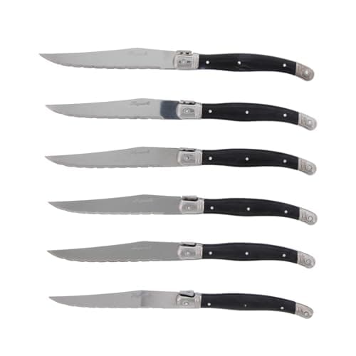 Pradel Excellence - Set 6 Couteaux de Table Laguiole Postiche - Lames Microdentées Acier Inoxydable - Manche ABS Gris Ergonomique - Boîte Transparente Élégante 15,7 x 25,7 x 1,5 cm